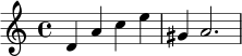 { \relative c' { \time 4/4 d4 a' ce gis, a2. } }