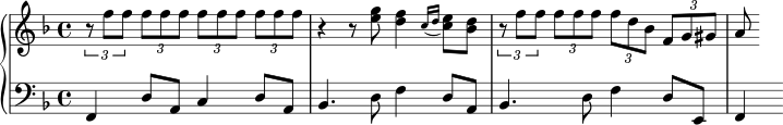 { \new PianoStaff << \new Staff << \relative c'' { \clef treble \key f \major \time 4/4 \tuplet 3/2 { r8 ff } \tuplet 3/2 { fff } \tuplet 3/2 { fff } \tuplet 3/2 { fff } r4 r8 <e g> <d f>4 \acciaccatura { c16 d } <c e>8 <bes d> \tuplet 3/2 { r8 f' f } \tuplet 3/2 { fff } \tuplet 3/2 { fd bes } \tuplet 3/2 { fg gis } a } >> \new Staff << \relative c, { \clef bass \key f \major \time 4/4 f4 d'8 a c4 d8 a bes4。 d8 f4 d8 a bes4。 d8 f4 d8 e、f4 } >> >> }