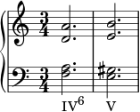  { \new PianoStaff << \new Staff << \relative c' { \clef treble \key c \major \time 3/4 <d a'>2. <e b'> } >> \new Staff << \relative c { \clef bass \key c \major \time 3/4 <f a>2._\markup { \concat { "IV" \raise #1 \small "6" \hspace #3.5 "V" } } <e gis> } >> >> } 
