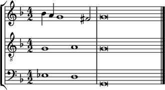 { \override Score.SpacingSpanner.strict-note-spacing = ##t \set Score.proportionalNotationDuration = #(ly:make-moment 1/2) << \new StaffGroup << \new Staff << \set Score.tempoHideNote = ##t \tempo 2 = 60 \set Staff.midiInstrument = #"voice oohs" \clef treble \time 4/2 \relative c'' { \clef treble \time 4/2 \key g \dorian bes4 a g1 fis2 g\breve } >> \new Staff << \set Staff.midiInstrument = #"voice oohs" \clef "treble_8" \time 4/2 \key g \dorian \new Voice \relative c' { g1 ag\breve } >> \new Staff << \set Staff.midiInstrument = #"voice oohs" \clef bass \time 4/2 \key g \dorian \new Voice \relative c { es1 dg,\breve \bar "|." } >> >> >> }