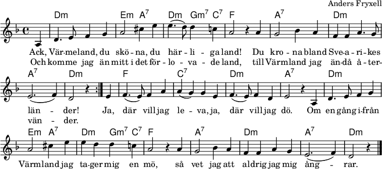 \header { arrangementr = "Anders Fryxell" tagline = ##f } \layout { indent = 0 \context { \Score \remove "Bar_number_engraver" } } global = { \key d \minor \time 4/4 \partial 4 } chordNames = { \set Staff.midiInstrument = "acoustic guitar (nylon)" \chordmode { \global \set chordChanges = ##t \repeat volta 2 { s4 | d,2:m\pp d,2:m | e,2:ma,2:7 | d,:mg,4:m7 c,:7 | f,2 s2 | a,2:7 a,2:7 | d,:md,:m | a,:7 a,:7 | d,2:m s4 } s4 | f,2 f,2 | c,:7 c,:7 | d,:md,:m | a,2:7 s2 d,:md,:m | e,2:ma,:7 | d,:mg,4:m7 c,:7 | f,2 s2 a,2:7 a,2:7 | d,:md,:m | a,:7 a,:7 | d,2:m s4 \bar "|." } } sopranoVoice = \relative c' { \global \repeat volta 2 { \partial 4 a4 | d4. e8 f4 g | a2 cis4 e | e4.( d8) d4 c! | a2 r4 a4 | g2 bes4 a | ff a4. g8 | e2. (f4) | d2 r4 } e4 | f4. (e8) f4 a | a( g) ゲ | f4. (e8) f4 d | e2 r4 a、 | d4. e8 f4 g | a2cis4e | e4 ddc! | a2 r4 a4 | g2 bes4 a |ふふぐ | e2. (f4) | d2 r4 \bar "|." } verse = \lyricmode { Ack、Vär -- me -- land、du skö -- na、du här -- li -- ga land! Du kro -- na bland Sve -- a -- ri -- kes län -- der! Ja、där vill jag le -- va、ja、där vill jag dö。 Om en gång i -- från Värm -- land jag ta -- ger mig en mö, så vet jag att al -- drig jag mig ång -- rar。 } verseR = \lyricmode { Och kom -- me jag än mitt_i det för -- lo -- va -- de land, until Värm -- land jag än -- då å -- ter -- vän -- der. } chordsPart = \new ChordNames \chordNames sopranoVoicePart = \new Staff \with { midiInstrument = "flute" } { \sopranoVoice } \addlyrics { \verse } \addlyrics { \verseR } \score { << \chordsPart \sopranoVoicePart >> \layout { } } \score { \unfoldRepeats { << \chordNames \\ \sopranoVoicePart >> } \midi { \tempo 4=108 } }