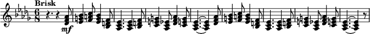 
\new Staff { \key des \major \time 6/8 \clef treble \set Staff.midiInstrument = #"trumpet" \tempo Brisk 4. = 116 \set Score.tempoHideNote = ##t | r4. r4 <<des'8 f'\mf aes'>> | <<ees'4 g' bes'>> <<f'8 a' c''>> <<ees'4 g' bes'>> <<bes8 d' f'>> | <<aes4. c' ees'>> <<aes4 c' ees'>> <<bes8 d' f'>> | <<c'4 e' g'>> <<aes8 c' ees'>> <<des'4 f' aes'>> <<c'8 e' g'>> | <<aes4.~ c'~ ees'~>> <<aes4 c' ees'>> <<des'8 f' aes'>> | <<ees'4 g' bes'>> <<f'8 a' c''>> <<ees'4 g' bes'>> <<bes8 d' f'>> | <<aes4. c' ees'>> <<aes4 c' ees'>> <<bes8 d' f'>> | <<c'4 e' g'>> <<aes8 c' ees'>> <<des'4 f' aes'>> <<c'8 e' g'>> | <<aes4.~ c'~ ees'~>> <<aes4 c' ees'>> r8 }
