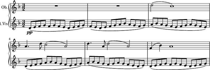 { \new PianoStaff << \new Staff \relative c' { \set Staff.instrumentName = #"Ob." \clef treble \key d \minor \time 3/2 \set Staff.midiInstrument = #"oboe" R1. | R1. | d'2( c1) | a4. d8 c2( a) | d4. a8 d2( a) | f4( bes) a1 } \new Staff \relative c' { \set Staff.instrumentName = #"1.Vn" \set Staff.midiInstrument = #"violin" \clef treble \key d \minor \time 3/2 d8(\pp efgfgfedefg) | f( edefga bes agfg) | a( bes agfefgagfe) | d(efga は agfefg) | a( はアグフガグフェデ) | d( efgfgfedefg) } >> } \midi{\tempo 4 = 100}