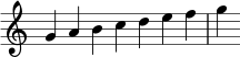 { \override Score.TimeSignature #'stencil = ##f \relative c'' { \clef treble \time 7/4 g4 abcdefg } }