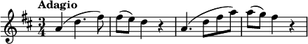\new Score { \new Staff = "clarinet" { \transpose ca \relative c' { \set Staff.midiInstrument = #"clarinet" \clef treble \key f \major \time 3/4 \tempo "Adagio" \set Score.tempoHideNote = ##t \tempo 4 = 60 c4( f4. a8) | a8( g) f4 r | c4.( f8 ac) | c8( bes) a4 r | } } }