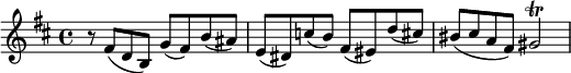 
{ \relative c' { \set Score.tempoHideNote = ##t \tempo 4 = 96 \time 4/4 \key b \minor r8 fis( db) g'( fis) b( ais) e( dis) c'( b) fis( eis) d'( cis!) bis( cis( a fis) gis2\trill } }
