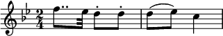 {
\relative c'' {
\set Staff.midiInstrument = #"violin"
\key bes \major
\time 2/4
\clef treble
f8.. es32 d8-. d-.
d( es) c4
} }
