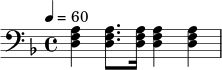 \relative d { \clef bass \tempo 4=60 \key d \minor <df a>4 <df a>8. <df a>16 <df a>4 <df a>4 }