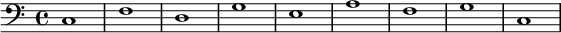 
   { \new Staff << \new Voice \relative c' { \stemDown \clef bass \key c \major \time 4/4 \tempo 1 = 60 \set Score.tempoHideNote = ##t c,1 fdgeafgc, } >> }
