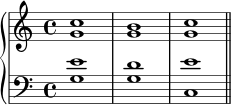 { \new PianoStaff << \new Staff << \new Voice \relative c'' { \stemUp \clef treble \key c \major \time 4/4 c1 bc } \new Voice \relative c'' { \stemDown g1 gg } >> \new Staff << \new Voice \relative c' { \stemUp \clef bass \key c \major \time 4/4 e1 de } \new Voice \relative c' { \stemDown g1 gc, \bar "||" } >> >> }