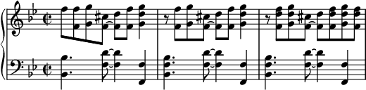 { \new PianoStaff << \new Staff << \relative c'' { \clef treble \key bes \major \time 2/2 f8 <f, f'> <g g'> <f~ cis'> <f d'> <f f'> <g d' g>4 r8 <f f'> <g g'> <f~ cis'> <f d'> <f f'> <g d' g>4 r8 <f d' f> <g d' g> <f~ cis'> <f d'> <f d' f> <g d' g> <f d' f> } >> \new Staff << \relative c { \clef bass \key bes \major \time 2/2 <bes bes'>4. <f' d'>8~ <f d'>4 <f, f'>4 <bes f' bes>4. <f' d'>8~ <f d'>4 <f, f'>4 <bes f' bes>4. <f' d'>8~ <f d'>4 <f, f'>4 } >> >> }
