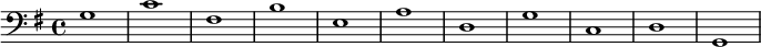 
   { \new Staff << \new Voice \relative c' { \stemDown \clef bass \key g \major \time 4/4 \tempo 1 = 60 \set Score.tempoHideNote = ##t g1 c fis, be, ad, gc, dg, } >> }
