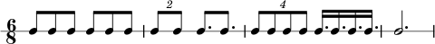 \new RhythmicStaff { \clef percussion \time 6/8 \set Score.tempoHideNote = ##t \tempo 4 = 100 c8 ccccc \tuplet 2/3 { c8 c } c8. c \tuplet 4/3 { c8 ccc } c16. ccc c2. } 