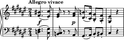 { \new PianoStaff << \new Staff << \relative c' { \tempo "Allegro vivace" \clef treble \key fis \major \time 2/4 \override DynamicLineSpanner.staff-padding = #2.8 <fis bis>4.(\f <eis cis'>8) <eis gis> rr <fis ais>\p <dis b'!>8.( <cis ais'>16) <b gis'>8-. <ais fis'>-. <gis eis'>4 r } >> \new Staff << \relative c { \clef bass \key fis \major \time 2/4 <d fis>4.( <cis gis'>8) <b! cis> rr ais gis8.(ais16) b8-.ビス-。 cis4 r } >> >> }