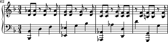
    { \new PianoStaff << \new Staff << \set Score.currentBarNumber = #62 \bar "" \relative c' { \set Score.tempoHideNote = ##t \tempo 4 = 160 \clef treble \key f \major \time 3/4 <d aes'>8 <d aes'> r <d aes'> r <d aes'> <d g> <d g> r <d g> r <d g> <c g'> <c g'> r <c g'> <c f>[ <c f>] r <c f> <b f'>[ <b f'>] r <b f'> } >> \new Staff << \relative c, { \clef bass \key f \major \time 3/4 <bes bes'>4 d' f <ees, ees'> g' bes <aes,, aes'> aes'' <d,, d'> d'' <g,,, g'> g'' } >> >> }
