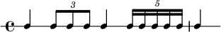 
\new RhythmicStaff { \clef percussion \time 4/4 \set Score.tempoHideNote = ##t \tempo 4 = 80 c4 \tuplet 3/2 { c8 cc } c4 \tuplet 5/4 { c16 cccc } c4 }
