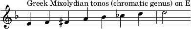 { \key e \locrian \override Score.TimeSignature #'stencil = ##f \relative c' { \clef treble \time 7/4 e4^\markup { ギリシャのミクソリディアン・トノス(半音階属) on E } f fis a bes ces d e2 } }