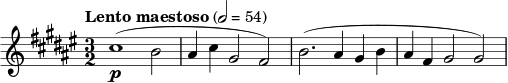 { \set Staff.midiInstrument = "french horn" \language "english" \transposition f \clef treble \key fs \major \time 3/2 \tempo "Lento maestoso" 2 = 54 \relative { cs''1\p( b2 as4 cs gs2 fs) b2.( as4 gs b as fs gs2 gs) } }