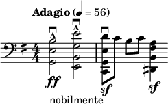 
\relative c' { \set Staff.midiInstrument = #"cello" \clef bass \numericTimeSignature \time 4/4 \key e \minor \tempo "Adagio" 4 = 56 <be, g,>2\downbow\ff-^_"nobilmente" <eg, b, e,>\downbow-^ | \stemDown <de, g, c,>8\downbow\sf[ c] b[ c] <a fis b, dis,>4\sf }
