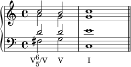 { \set Score.proportionalNotationDuration = #(ly:make-moment 1/4) \new PianoStaff << \new Staff << \new voice \relative c'' { \clef treble \key c \major \time 4/4 \voiceOne c2 b c1 } \new voice \relative c'' { \clef treble \key c \major \time 4/4 \voiceTwo a2 g g1 } >> \new Staff << \new voice \relative c' { \clef bass \key c \major \time 4/4 \voiceOne d2 d e1 } \new voice \relative c { \clef bass \key c \major \time 4/4 \voiceTwo fis2_\markup { \translate #'(-2 . 0) { \concat { "V" \combine \raise #1 \small 6 \lower #1 \small 5 "/V" \hspace #3 "V" \hspace #7 "I" } } } gc,1 \bar "||" } >> >> }