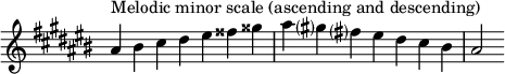 { \omit Score.TimeSignature \relative c'' { \key ais \minor \time 7/4 ais^「メロディックマイナースケール(昇順と降順)」 bis cis dis eis fisis gisis ais gis?フィズ? eis ディスク シス ビス ais2 } }