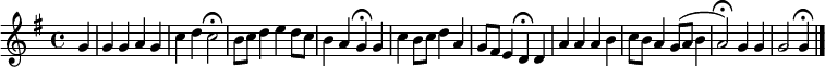 { \clef treble \key g \major \tempo 4=90 \set Staff.midiInstrument = "イングリッシュ ホルン" { \set Score.tempoHideNote = ##t \override Score.BarNumber #'transparent = ##t \time 4/ 4 \relative { \partial 4 g' g4 ギャグ c4 d c2 \fermata b8 c d4 e d8 c b4 ag \fermata gc b8 c d4 a g8 fis e4 d \fermata d a' aab c8 b a4 g8 (a b4 a2) \fermata g4 g g2 g4 \fermata \bar "|."} } }