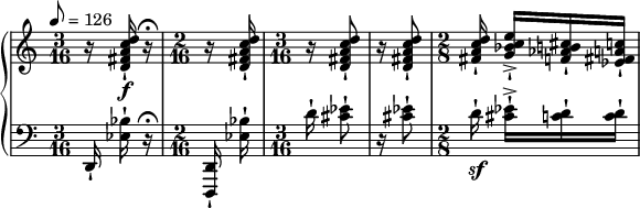 { \new PianoStaff << \new Staff \relative c'' { \set Staff.midiInstrument = #"violin" \clef treble \tempo 8 = 126 \time 3/16 r16 <dca fis d>\f-! r16\fermata | \time 2/16 r <dca fis d>-! \time 3/16 r <dca fis d>8-! | r16 <dca fis d>8-! | \time 2/8 <dca fis>16-! <ec bes g>->-![ <cis b aes f>-! <ca fis ees>-!] } \new Staff \relative c { \set Staff.midiInstrument = #"バイオリン" \音部低音 \time 3/16 d,16-! <bes'' ees,>-!フェルマータ | \time 2/16 <d,, d,>-! <bes'' ees,>-! | ＼時間3/16 d16-！ <イーシス>8-! | r16＜イーシス＞8-！ | \時間 2/8 d16\sf-! <ees cis>-!->[<d c>-! <d c>-!] } >> }
