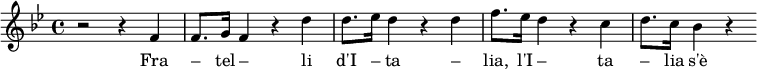 \relative f' { \clef treble \time 4/4 \key は \major r2 r4 f4 f8 です。 g16 f4 r4 d'4 d8。 ees16 d4 r4 d4 f8。 ees16 d4 r4 c4 d8。 c16 bes4 r4 } \addlyrics { Fra – tel – li d'I – ta – lia, l'I – ta – lia s'è de – sta }