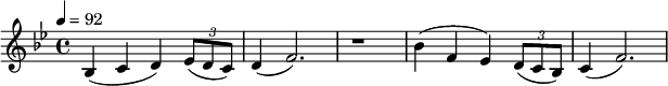 \relative c' { \set Staff.midiInstrument = #"french horn" \key bes \major \time 4/4 \tempo 4 = 92 bes4( cd) \times 2/3 {es8( dc)} d4( f2.) r1 bes4( f es) \times 2/3 {d8( c bes)} c4( f2.) }