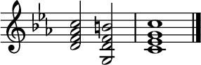 { \new Staff \with{ \magnifyStaff #3/2 \remove "Time_signature_engraver" } \relative c' { \key c \minor \clef treble <df aes c>2 <g, d' f b> | <c ees g c>1 \bar "|." } }