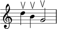 { \override Score.TimeSignature #'stencil = ##f \relative c'' { \time 4/4 d4 \upbow b \upbow g2 \upbow } } 