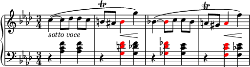
    { \new PianoStaff << \new Staff << \new Voice \relative c'' { \clef treble \key f \minor \time 3/4 \override DynamicLineSpanner.staff-padding = #2 c4~(_\markup { \italic "sotto voce" } c8[ des] des[ c] b\trill ais \once \override NoteHead.color = #red b4\< g')\! bes,!~( \once \override NoteHead.color = #red bes8[ c] c[ bes] a8\trill gis \once \override NoteHead.color = #red a4\< f')\! } >> \new Staff << \new Voice \relative c' { \clef bass \key f \minor \time 3/4 r4 <aes c f> <aes c f> r \once \override NoteHead.color = #red <g d' f> <g des' f> r \once \override NoteHead.color = #red <ges des' fes> <ges c es> r \once \override NoteHead.color = #red <f c' es> <f ces' es> } >> >> }
