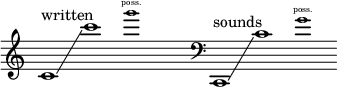 { \new Staff \with { \remove "Time_signature_engraver" } \clef treble \key c \major \cadenzaOn c'1 ^ \markup "written" \glissando c'''1 \tweak font-size #-2 g'1 \finger \markup \text "poss." \hide r1 \clef bass c,1 ^ \markup "sounds" \glissando c'1 \tweak font-size #-2 g'1 \finger \markup \text "poss." }