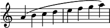 {\override Score.TimeSignature #'stencil = ##f \relative c'' { a4( bcdefga) } }