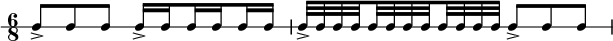 
 \new RhythmicStaff { \clef percussion \time 6/8 \set Score.tempoHideNote = ##t \tempo 4 = 80 c8-> cc c16-> \set stemRightBeamCount = #1 c \set stemLeftBeamCount = #1 c \set stemRightBeamCount = #1 c \set stemLeftBeamCount = #1 cc c32-> cc \set stemRightBeamCount = #1 c \set stemLeftBeamCount = #1 ccc \set stemRightBeamCount = #1 c \set stemLeftBeamCount = #1 cccc c8-> cc }
