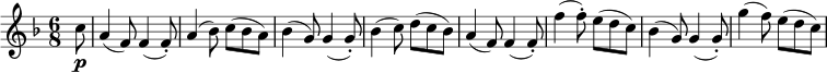\new Score { \new Staff { \relative c'' { \time 6/8 \key f \major \clef treble \set Score.tempoHideNote = ##t \tempo 4. = 120 \partial 8 c8\p | a4( f8) f4( f8-.) | a4( bes8) c( bes a) | bes4( g8) g4( g8-.) | bes4( c8) d( c bes) | a4( f8) f4( f8-.) | f'4( f8-.) e( dc) | bes4( g8) g4( g8-.) | g'4( f8) e( dc) | } } }