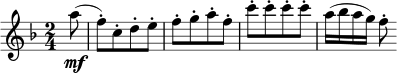\relative a'' { \key f \major \time 2/4 \partial 8 a8( \mf | f-.)[ c-. d-. e-.] | f8-.[ g-. a-. f-.] c'8-.[ c-. c-. c-.] | a16( bes ag) | f8-. }
