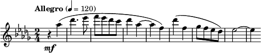 
{ \new PianoStaff << \new Staff \relative c''' { \tempo "Allegro" 4 = 120 \clef treble \key bes \minor \time 2/4 r4 \mf as( des4. es8 f[ es des c] des4 as~ as f) des'( f, ges8[ f es des]) es2~ es4 } >> }
