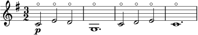 \relative c' { \clef treble \key g \major \time 3/2 c2\p\flageolet e\flageolet d\flageolet | g,1.\flageolet | c2\flageolet d\flageolet e\flageolet | c1.\flageolet }