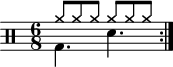 \version "2.22.0" \header { tagline = ##f} \score { \drums \with {midiInstrument = "drums"} \with { \numericTimeSignature } { \repeat volta 2 { << { \time 6/8 cymra8 cymra cymra cymra cymra cymra }\\{bd4. sne} >>\break } } \layout {} } \score { \unfoldRepeats { \drums \with {midiInstrument = "drums"}{ \repeat volta 2 { << { \time 6/8 cymra8 cymra cymra cymra cymra cymra }\\{bd4。 sne} >>\break } } } \midi { \tempo 4 = 100 } }
