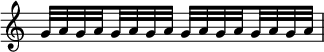 { \override Score.TimeSignature #'stencil = ##f \relative c'' { \time 2/4 g32[ ag \set stemRightBeamCount = #1 a \set stemLeftBeamCount = #1 gaga] g32[ ag \set stemRightBeamCount = #1 a \set stemLeftBeamCount = #1 gaga] } }
