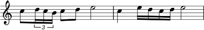 { \override Score.TimeSignature #'stencil = ##f \relative c'' { c8 \tuplet 3/2 { d16 cb } c8 d e2 c4 e16 dcd e2 } } 