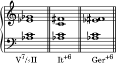 { \override Score.TimeSignature #'stencil = ##f \new PianoStaff << \new Staff << \relative c' { \clef treble \key c \major \time 4/4 <es ges>1 <c fis> <es fis> } >> \new Staff << \relative c' { \clef bass \key c \major \time 4/4 <aes c>1_\markup { \center-align { \concat { "V" \raise #1 \small "7" "/♭II" } } } \bar "||" <aes c>1_\markup { \concat { "It" \raise #1 \small "+6" } } \bar "||" <aes c>1_\markup { \concat { "Ger" \raise #1 \small "+6" } } \bar "||" } >> >> }