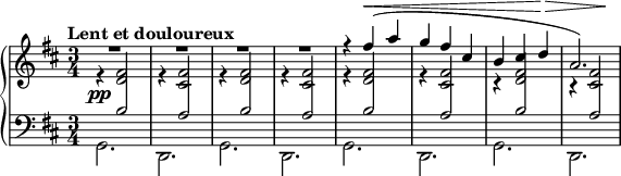 \new PianoStaff << \new Staff << \new Voice \relative c'' { \clef treble \key d \major \time 4/4 \tempo "Lent et douloureux" \voiceOne R2. R2. R2. R2. r4 fis( ag fis cis b cis d a2.) } \new Voice \relative c' { \override DynamicLineSpanner.staff-padding = #2 \voiceTwo \stemUp \crossStaff { \override Stem.length = #7 r4\pp <d fis>2 r4 <cis fis>2 r4 <d fis>2 r4 <cis fis>2 r4 <d> 2 r4 <cis fis>2 r4 <d fis>2 r4 <cis fis>2 } } \new Voice \relative c' { \dynamicUp s2. s2. s2. s2. s4 s2\< s2。 s2 s4\!\> s2 s4\! } >> \new Staff << \new Voice \relative c' { \clef bass \key d \major \time 3/4 \voiceOne \stemUp \override Stem.length = #8 s4 \crossStaff { b2 s4 a2 s4 b2 s4 a2 s4 b2 s4 a2 s4 b2 s4 a2 s4 b2 s4 a2 } } \new Voice \relative c { \voiceTwo g2. dgdgdgd } >> >>