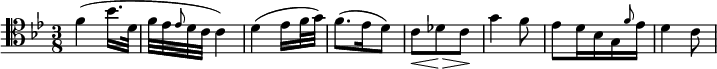 { \relative c' { \clef tenor \key bes \major \time 3/8 f( bes16. d,32 | f ees \grace ees8 d32 c c4) | d( ees16 f32 g) | f8.( ees16 d8) | c\< des\!\> c\! | g'4 f8 | ees d16 bes g \grace f'8 ees16 | d4 c8 } } \layout { \context {\Score \omit BarNumber} line-width = #180 }