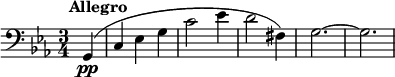 \new Score { #(set-default-paper-size "b6") \new Staff { \relative c, { \set Staff.midiInstrument = #"cello" \time 3/4 \key c \minor \clef "bass_8" \omit Staff.ClefModifier \tempo 4 = 240 \omit Score.MetronomeMark \partial 4 g^\markup { \halign #-0.5 \bold "Allegro" }(\pp | c ees g | c2 ees4 | d2 fis,4) | g2.~ | g2. } } }