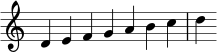 { \override Score.TimeSignature #'stencil = ##f \relative c' { \clef treble \time 7/4 d4 efgabcd } }