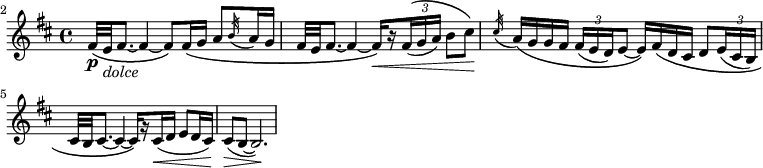 
\header { tagline = "" } foo = \relative c' \new Staff { \key b \minor \time 4/4 \clef "treble" \set Staff.midiInstrument = "english horn" \set Score.tempoHideNote = ##t \tempo 4 = 44 \set Score.currentBarNumber = #2 \bar "" \override TupletBracket #'stencil = ##f \override Score.SpacingSpanner #'common-shortest-duration = #(ly:make-moment 1 2) fis32\(\p e_\markup { \italic dolce } fis8. ~ fis4 ~ fis8\) fis16\( g a8 \acciaccatura { b32 } a16 g | fis32 e fis8. ~ fis4 ~ fis16[\)\< \set stemLeftBeamCount = #1 \set stemRightBeamCount = #1 r \set stemLeftBeamCount = #1 \times 2/3 { fis16(\( ga]) } b8 cis\) | \acciaccatura { cis32\! } a16\( gg fis \times 2/3 { fis( ed) } e8 ~ e16\) fis\( d cis d8 \times 2/3 { e16( cis b) } | \break cis32 b cis8. ~ cis4 ~ cis16[\) \set stemLeftBeamCount = #1 \set stemRightBeamCount = #1 r \set stemLeftBeamCount = #1 cis(\< d] e8 d16 cis) | cis8(\> b ~ b2.)\! } \score { \foo \layout { indent = 0\cm ragged-last = ##t } } \score { \foo \midi { } }

