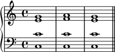 { \new PianoStaff << \new Staff << \new Voice \relative c'' { \stemUp \clef treble \key c \major \time 4/4 g1 ag } \new Voice \relative c' { \stemDown e1 fe } >> \new Staff << \new Voice \relative c' { \stemUp \clef bass \key c \major \time 4/4 c1 cc } \new Voice \relative c { \stemDown c1 cc \bar "||" } >> >> }