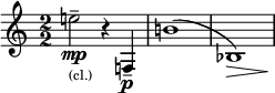 \relative c'' { \clef treble \override Staff.TimeSignature.style = #'numbered \time 2/2 \set Score.tempoHideNote = ##t \tempo 2 = 50 \accidentalStyle dodecaphonic \set Staff.midiInstrument = "clarinet" e2_\markup { \tiny (cl.) }\mp-- r4 f,,\p-- | b'1( | bes,) \> | \! }